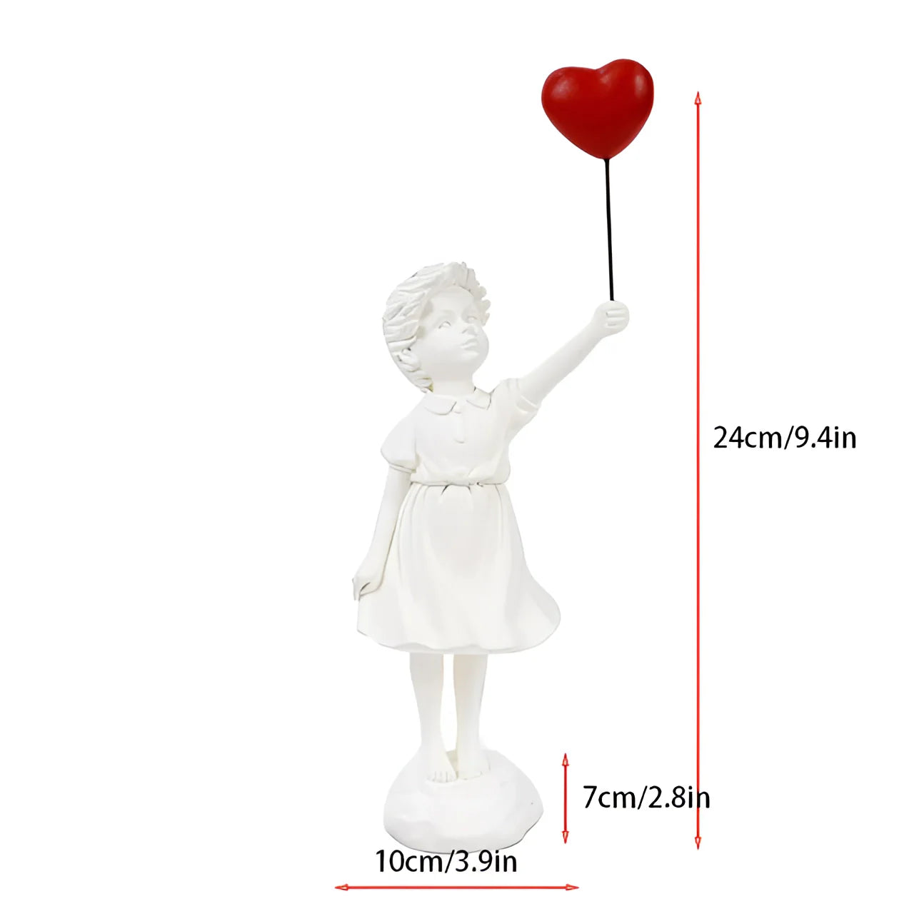 White resin statuette of a girl holding a balloon, inspired by urban art, with a playful and happy gesture, resembling a fictional character or toy, depicted in a stylish, artistic manner.