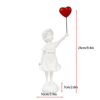 White resin statuette of a girl holding a balloon, inspired by urban art, with a playful and happy gesture, resembling a fictional character or toy, depicted in a stylish, artistic manner.