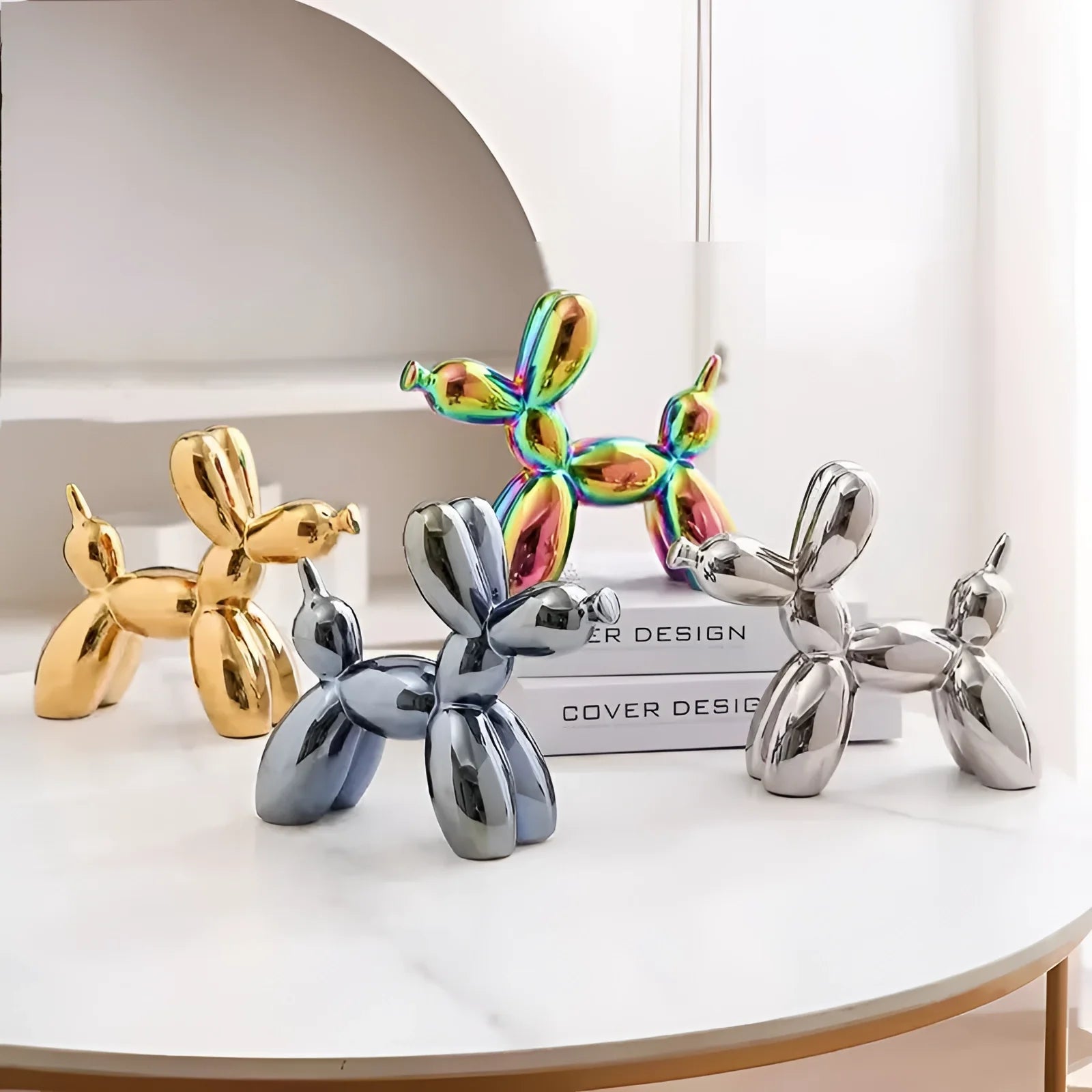 Sleek silver balloon dog sculpture with a metallic finish, showcasing a contemporary art decor piece with a glossy surface and reflective properties.