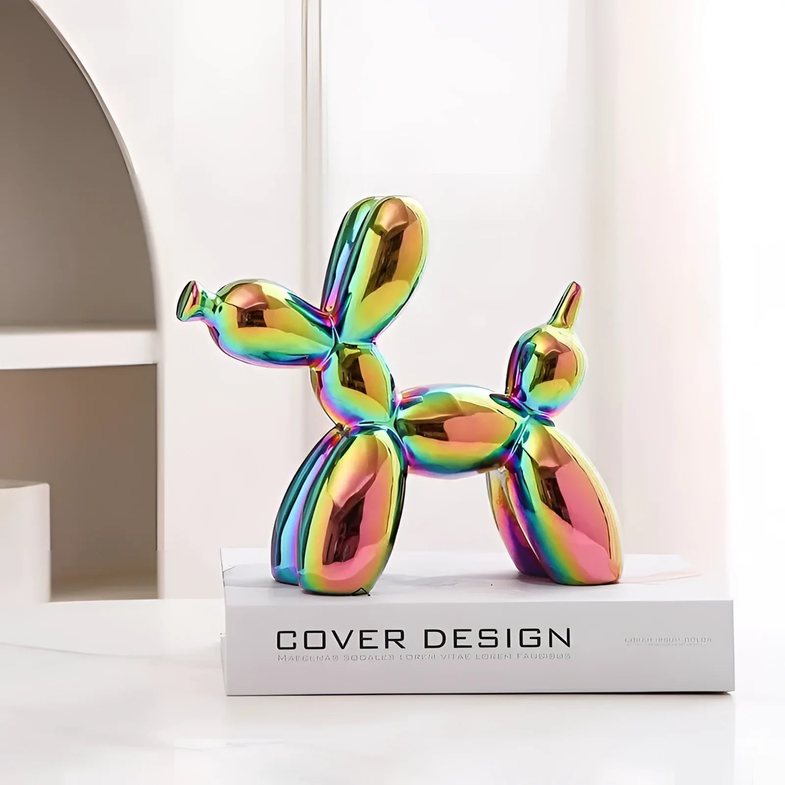 Colorful metallic silver balloon dog sculpture with a shiny, reflective surface, showcasing contemporary art decor.